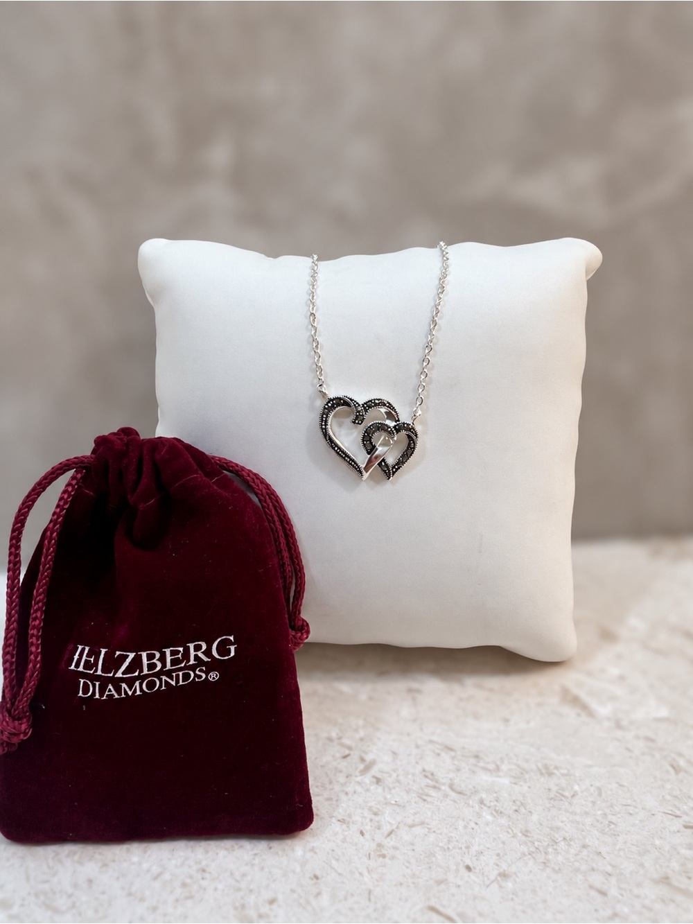 Helzberg Diamonds Silver Double Heart Pendant Necklace with Black Accents